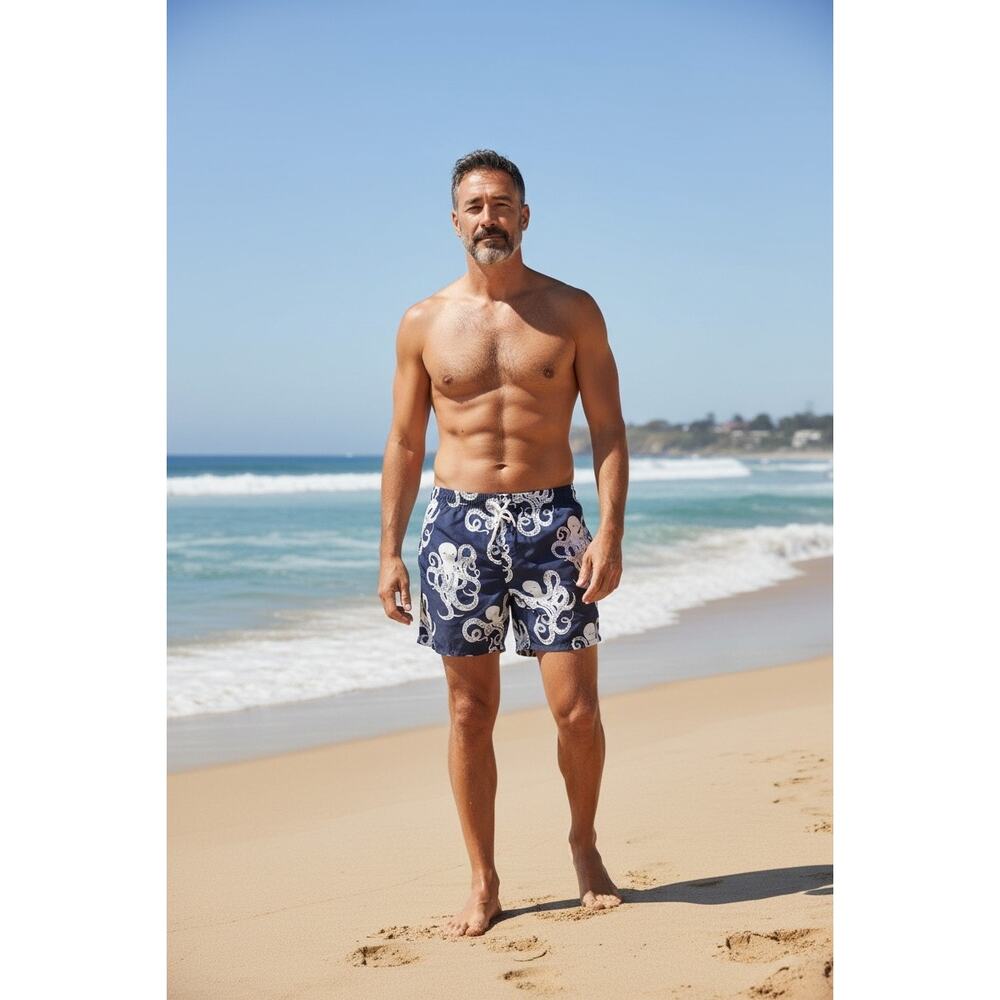 Lilly Pulitzer mens navy blue white octopus swim trunks sz large 6 inch inseam